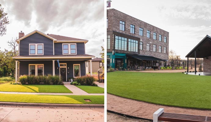Collage showing residential and commercial areas beautifully designed with artificial turf