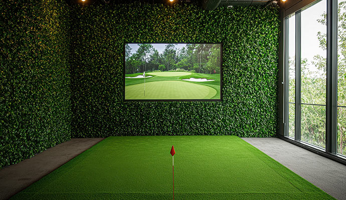 Indoor golf simulator room with a screen and artificial turf area
