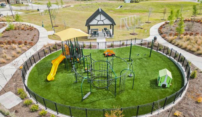 Aerial view of a modern park and playground.
